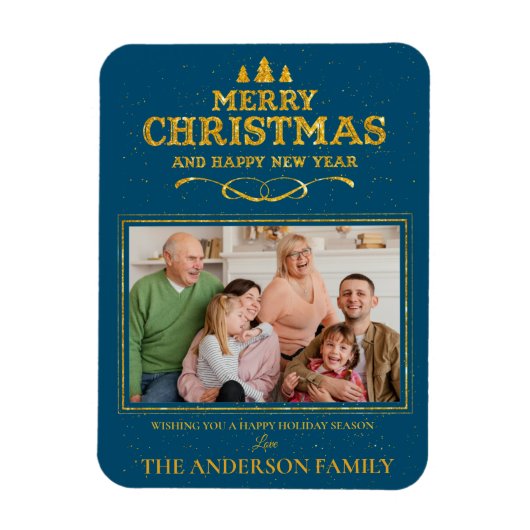 ブルー金ゴールドメリークリスマスハッピーニューイヤー写真 マグネット (縦)