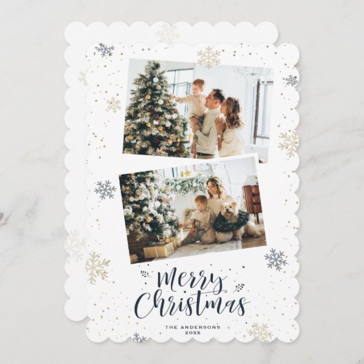 ブルー金ゴールドメリークリスマス2写真 シーズンカード (正面/裏面)