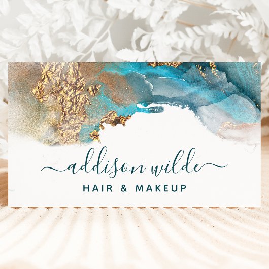 ブルー金ゴールドモダンアートリキッドウォーターカラーインクQRコード 名刺