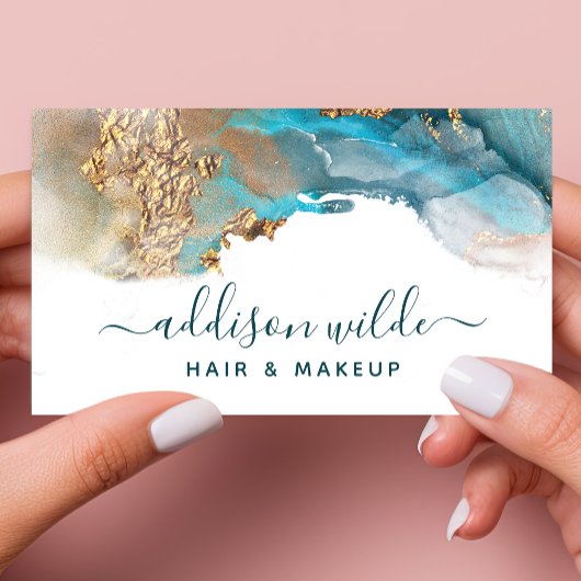 ブルー金ゴールドモダンアートリキッドウォーターカラーインクQRコード 名刺