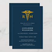 ブルー金ゴールドモダンナース学校卒業 招待状 (正面/裏面)