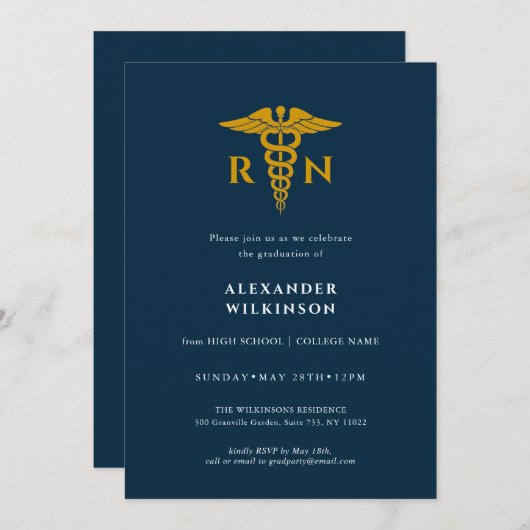 ブルー金ゴールドモダンナース学校卒業 招待状 (正面/裏面)