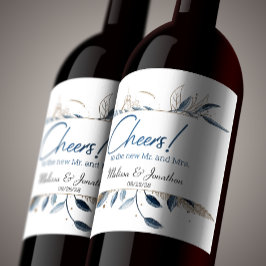 ブルー金ゴールドモダンフローラエレガントな結婚式 ワインラベル