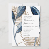 ブルー金ゴールドモダンフローラエレガントな結婚式 招待状 (正面)