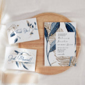 ブルー金ゴールドモダンフローラエレガントな結婚式 招待状