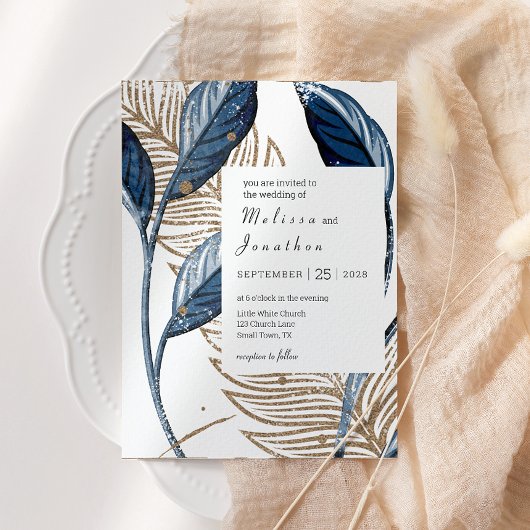 ブルー金ゴールドモダンフローラエレガントな結婚式 招待状