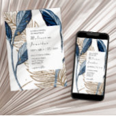 ブルー金ゴールドモダンフローラエレガントな結婚式 招待状