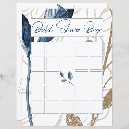 ブルー金ゴールドモダンフローラエレガントブライダルビンゴ (正面/裏面)