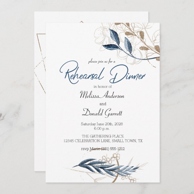 ブルー金ゴールドモダンフローラエレガントリハーサルディナー (正面/裏面)