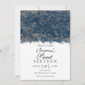 ブルー金ゴールドモダン(ばちゃばちゃ)跳ねるグラムスウィート16パーティー 招待状 (正面)