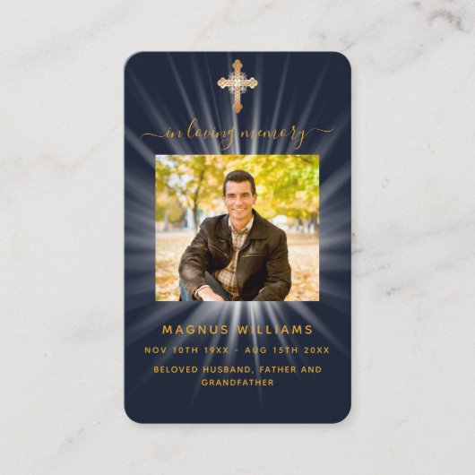 ブルー金ゴールドライトクロス葬儀祈りの言葉カード 名刺 (正面)