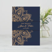 ブルー金ゴールドラグジュアリー結婚式招待状カード 招待状 (スタンド正面)