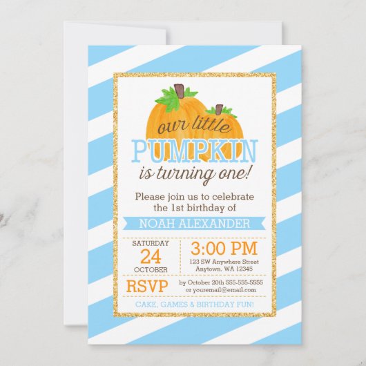 ブルー金ゴールドリトルカンプキンボーイファースト誕生日 招待状 (正面)