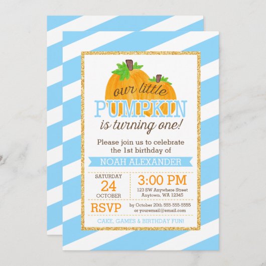 ブルー金ゴールドリトルカンプキンボーイファースト誕生日 招待状 (正面/裏面)