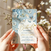 ブルー金ゴールドリトルバタフライベビーシャワー招待状 招待状