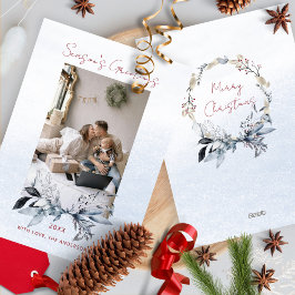 ブルー金ゴールドリースカップル家族ワンフォトクリスマス シーズンカード