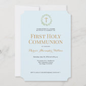 ブルー金ゴールドリースクロスボーイファースト聖餐式 招待状 (正面)