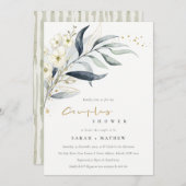 ブルー金ゴールドリービボタニカルフローラカップルシャワー 招待状 (正面/裏面)