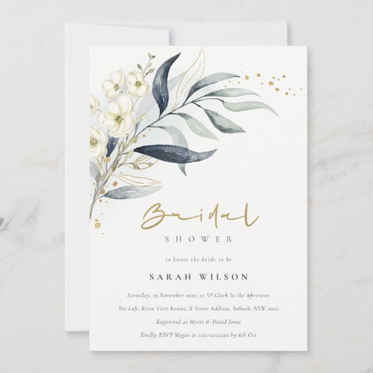 ブルー金ゴールドリービボタニカルフローラブライダルシャワー 招待状 (正面)
