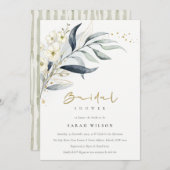 ブルー金ゴールドリービボタニカルフローラブライダルシャワー 招待状 (正面/裏面)