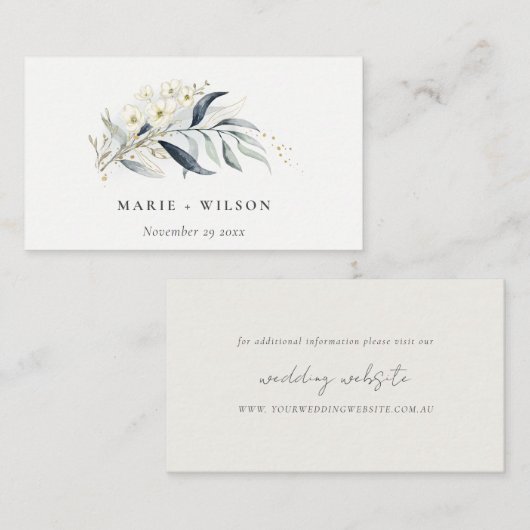 ブルー金ゴールドリービボタニカルフローラ結婚のサイト エンクロージャーカード (正面/裏面)