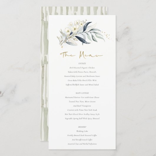 ブルー金ゴールドリービボタニカルフローラ結婚のメニューカード サンキューカード (正面/裏面)