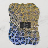 ブルー金ゴールドレオパードアニマルプリント結婚グリッター 招待状 (正面/裏面)