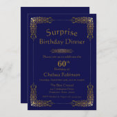 ブルー金ゴールドレースサプライズ60th誕生日ディナー 招待状 (正面/裏面)