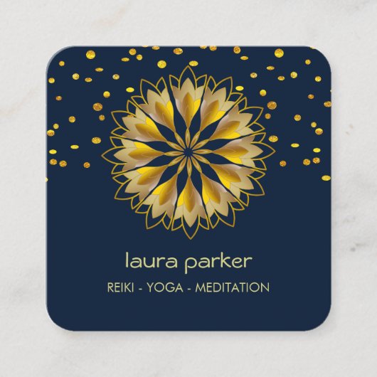ブルー金ゴールドロータスフラワーヨガホリスティック瞑想 スクエア名刺 (正面)