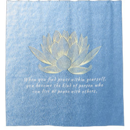 ブルー金ゴールドロータスヨガメディテーションインストラクター引用文 シャワーカーテン