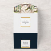 ブルー金ゴールドワイナリートスカーナヴィンヤードアルフレスコテーブル オールインワン招待状 (外側)