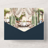 ブルー金ゴールドワイナリートスカーナヴィンヤードアルフレスコテーブル オールインワン招待状 (裏面)