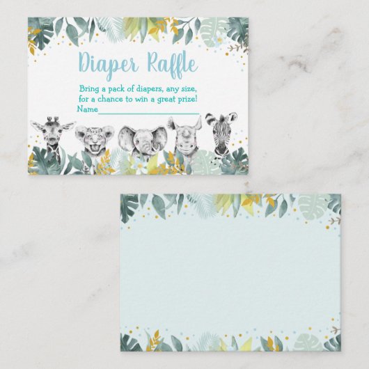 ブルー金ゴールドワイルドワンサファリベビーおむつラッフル エンクロージャーカード (正面/裏面)
