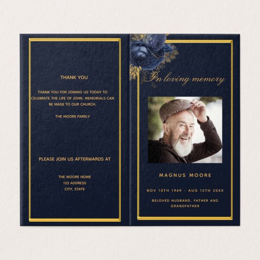 ブルー金ゴールド写真エレガントフローラ葬儀プログラム (外部フラット)