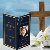 ブルー金ゴールド写真エレガントフローラ葬儀プログラム