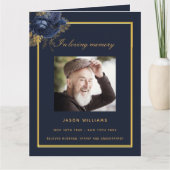 ブルー金ゴールド写真エレガントフローラ葬儀プログラム サンキューカード (正面)