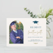 ブルー金ゴールド写真卒業パーティー招待状 招待状 (スタンド正面)