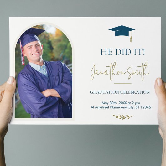 ブルー金ゴールド写真卒業パーティー招待状 招待状