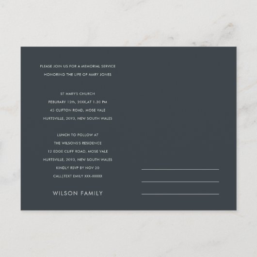 ブルー金ゴールド動物リース悔やみや弔慰メモリアル インビテーションポストカード (裏面)