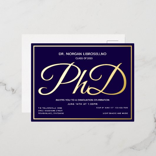 ブルー金ゴールド博士課程の卒業 箔招待状ポストカード (正面/裏面)