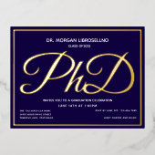 ブルー金ゴールド博士課程の卒業 箔招待状ポストカード (正面)