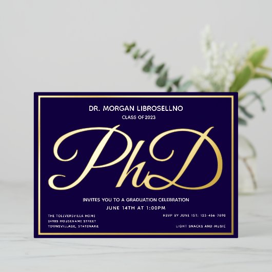 ブルー金ゴールド博士課程の卒業 箔招待状 (立ち正面)