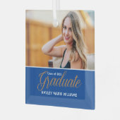 ブルー金ゴールド大学院写真シック卒業クリスマス ガラスオーナメント (正面左)