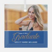 ブルー金ゴールド大学院写真シック卒業クリスマス ガラスオーナメント (正面)