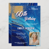 ブルー金ゴールド大理石グリッター写真60誕生日 招待状 (正面/裏面)