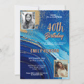 ブルー金ゴールド大理石グリッター2写真40歳の誕生日 招待状 (正面)