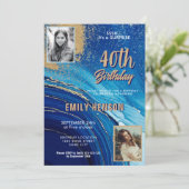 ブルー金ゴールド大理石グリッター2写真40歳の誕生日 招待状 (スタンド正面)