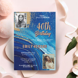 ブルー金ゴールド大理石グリッター2写真40歳の誕生日 招待状