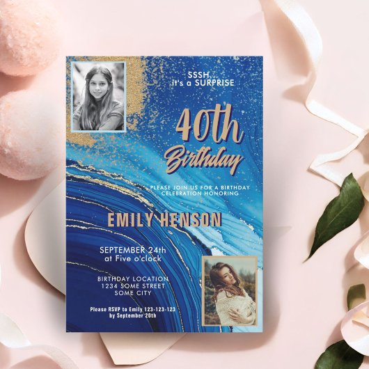 ブルー金ゴールド大理石グリッター2写真40歳の誕生日 招待状