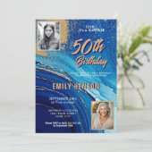 ブルー金ゴールド大理石グリッター2写真50誕生日 招待状 (スタンド正面)